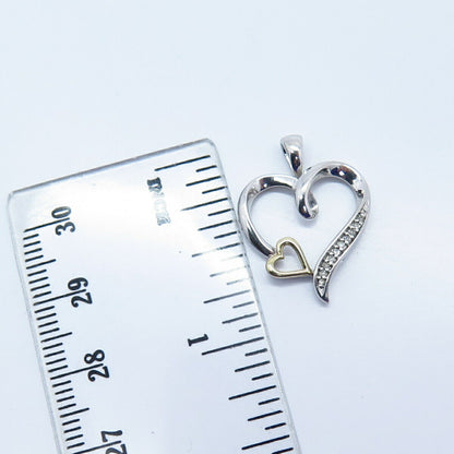 925 Sterling Silver / 10K Gold Real Diamond Double Heart Charm Pendant