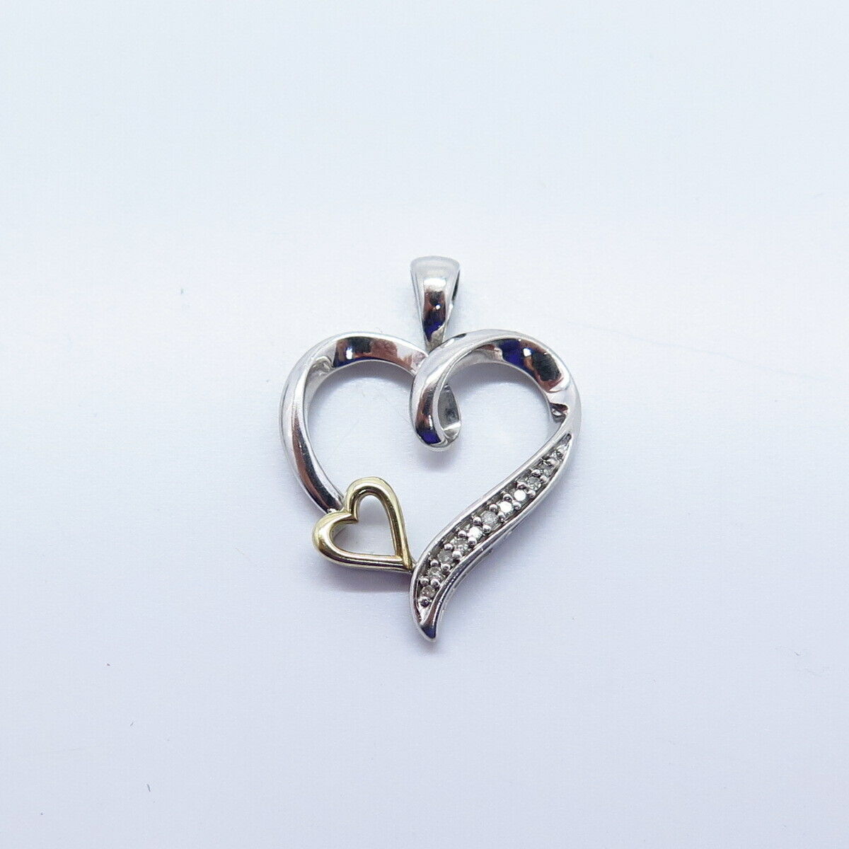 925 Sterling Silver / 10K Gold Real Diamond Double Heart Charm Pendant