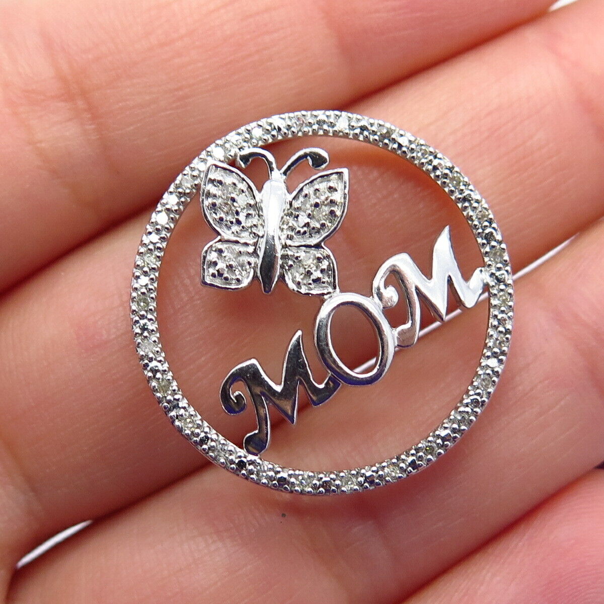 925 Sterling Silver Real White Diamond Mom Butterfly Open Round Pendant