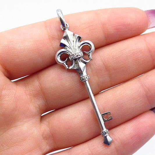 925 Sterling Silver Real White Diamond Fleur-de-Lis Key Pendant