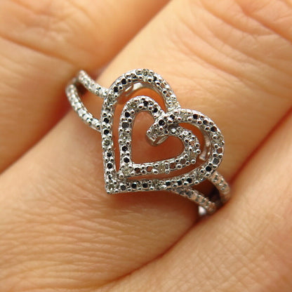 925 Sterling Silver Real Diamond Double Open Heart Ring Size 7