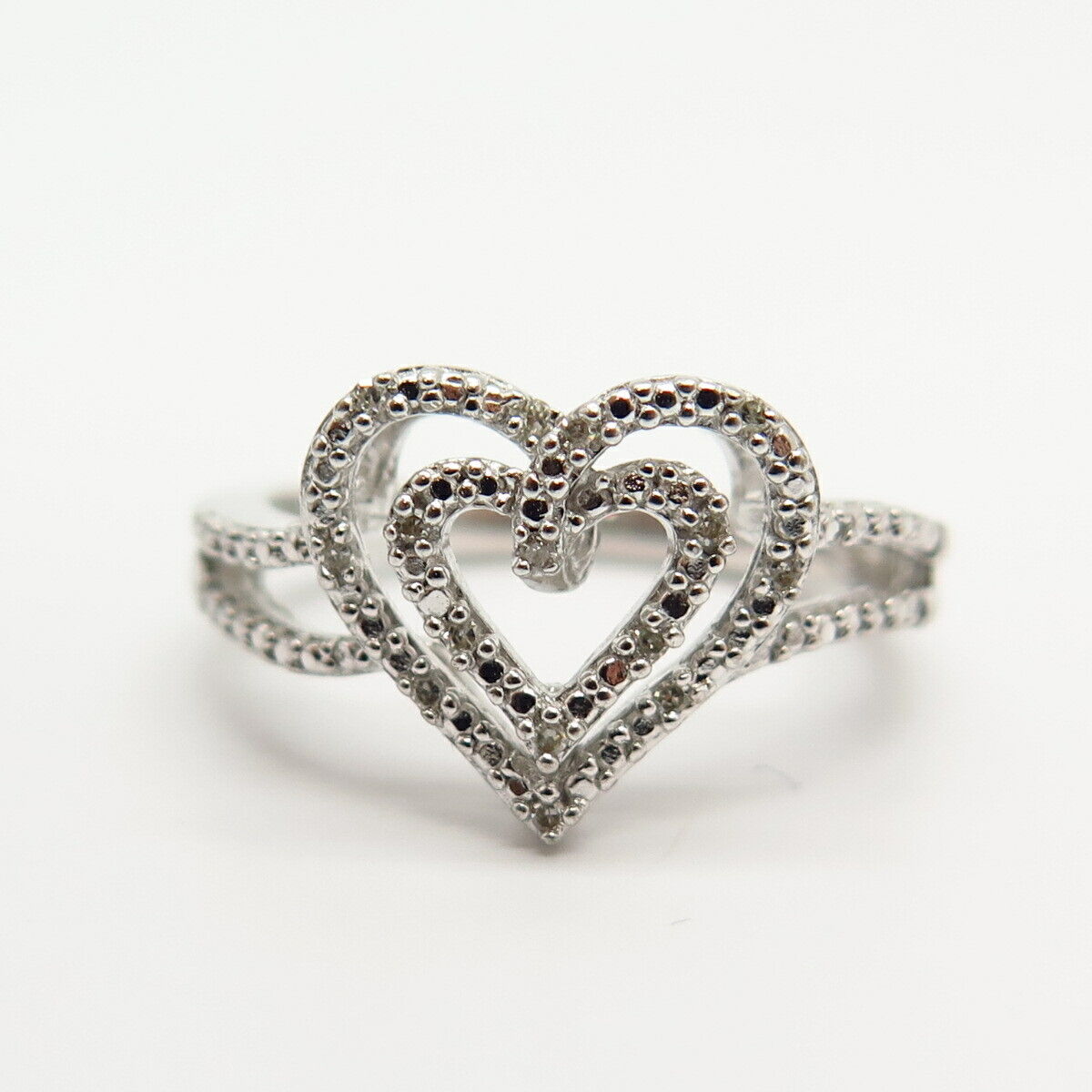 925 Sterling Silver Real Diamond Double Open Heart Ring Size 7