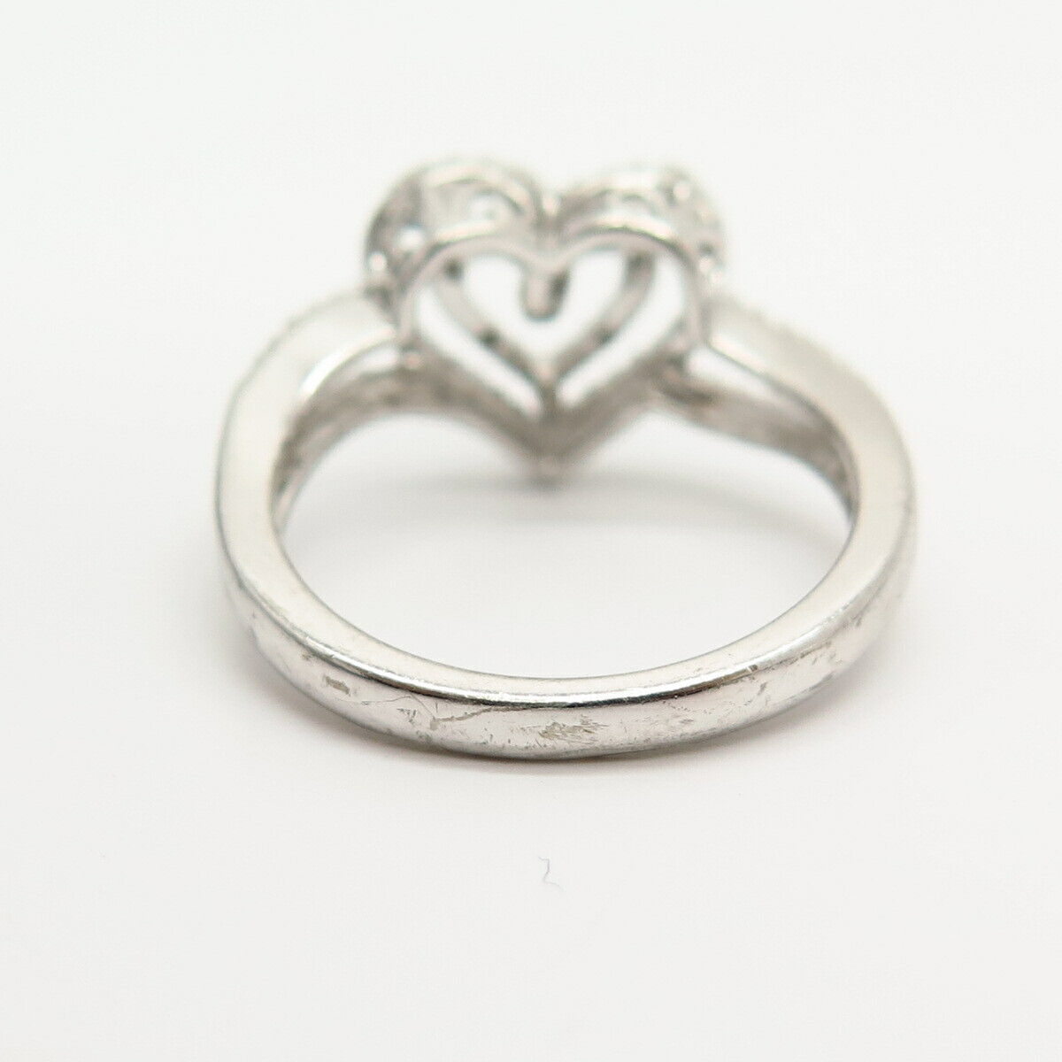 925 Sterling Silver Real Diamond Double Open Heart Ring Size 7