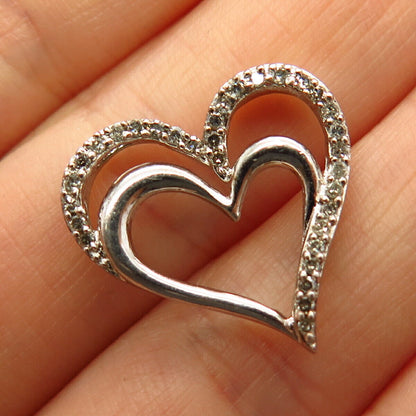 925 Sterling Silver Real Diamond Double Open Heart Slide Pendant