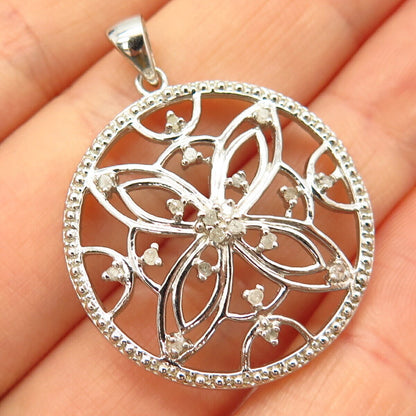 925 Sterling Silver Real Diamond Floral Round Pendant