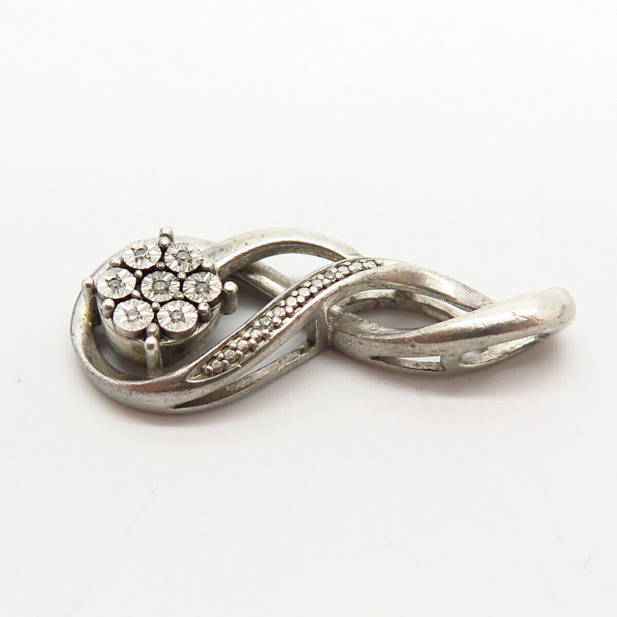 925 Sterling Silver Real Diamond Floral Crossover Design Slide Pendant