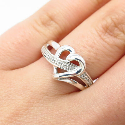 925 Sterling Silver Real White Diamond Open Heart Ring Size 6.5