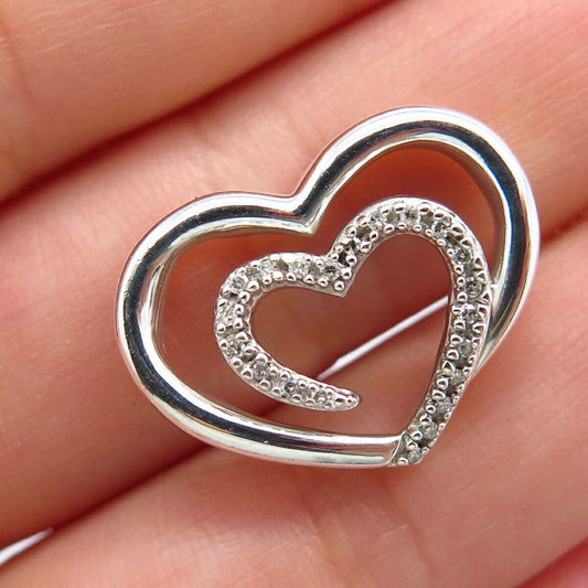 925 Sterling Silver Real White Diamond Open Double Heart Slide Pendant