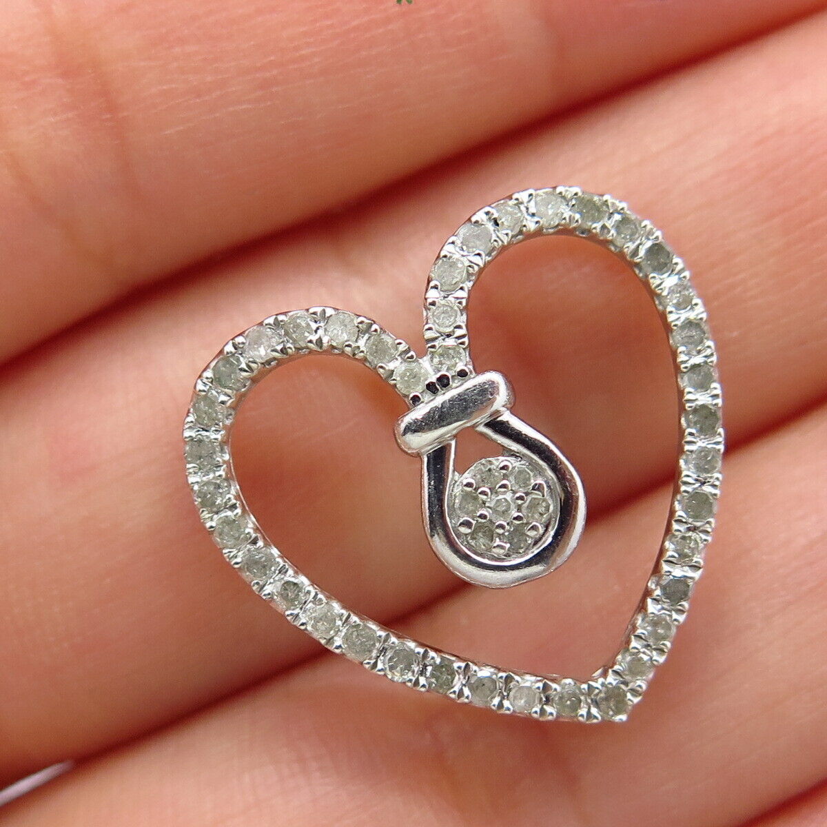 925 Sterling Silver Real White Diamond Open Heart Slide Pendant