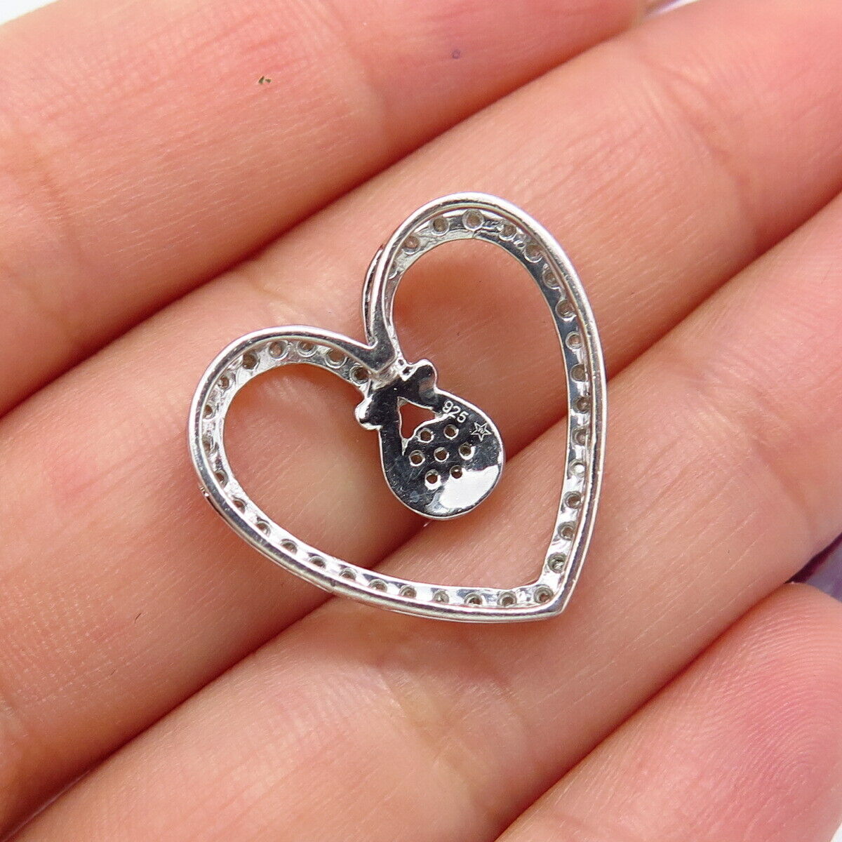 925 Sterling Silver Real White Diamond Open Heart Slide Pendant