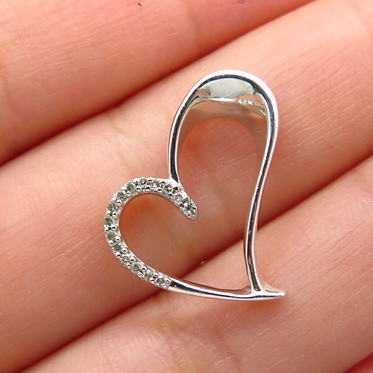 925 Sterling Silver Real White Diamond Open Heart Slide Pendant