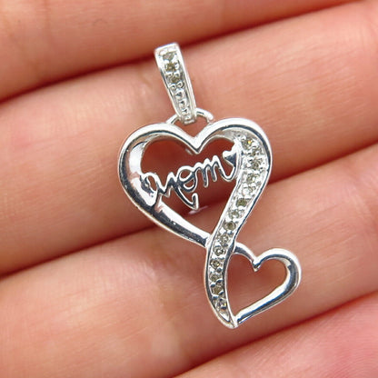 925 Sterling Silver Alwand Vahan Real White Diamond "Mom" Double Heart Pendant