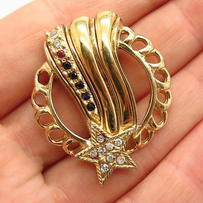 925 Sterling Gold Plated Vintage Diamond & Sapphire Ruby Gem Falling Star Brooch