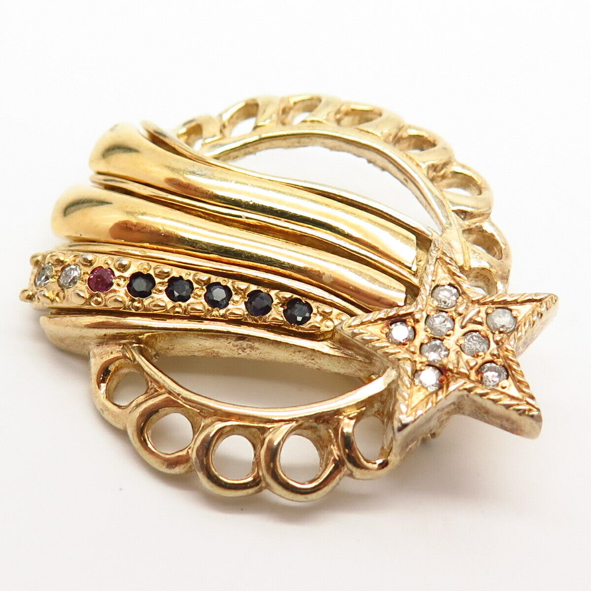 925 Sterling Gold Plated Vintage Diamond & Sapphire Ruby Gem Falling Star Brooch