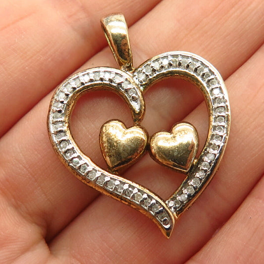 925 Sterling Silver Gold Plated Real Diamond Double Heart Design Slide Pendant