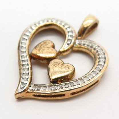 925 Sterling Silver Gold Plated Real Diamond Double Heart Design Slide Pendant