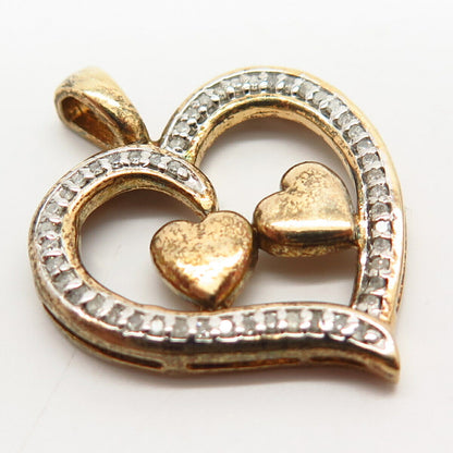 925 Sterling Silver Gold Plated Real Diamond Double Heart Design Slide Pendant