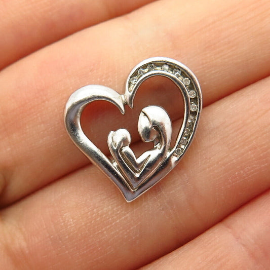 925 Sterling Silver Real Diamond Heart Mother & Child Design Slide Pendant