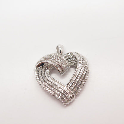 925 Sterling Silver Real SUN White Diamond Striped Open Heart Pendant