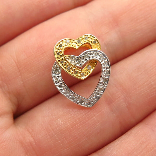 925 Sterling Silver 2-Tone Real Diamond Double Open Heart Design Slide Pendant