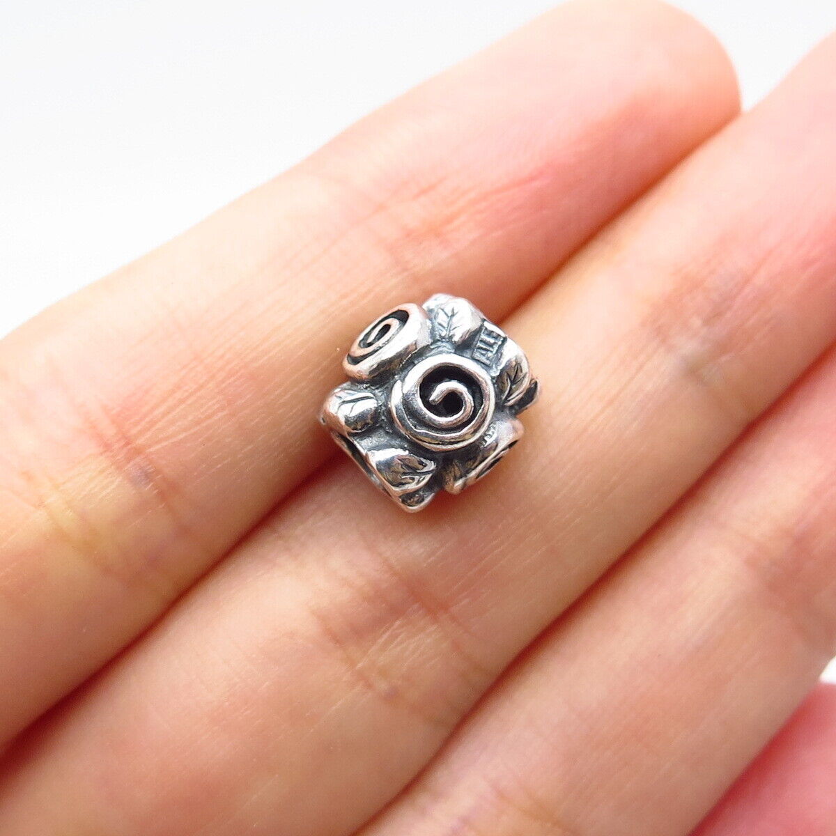 925 Sterling Silver Pandora Rose & Leaf Floral Bead Charm