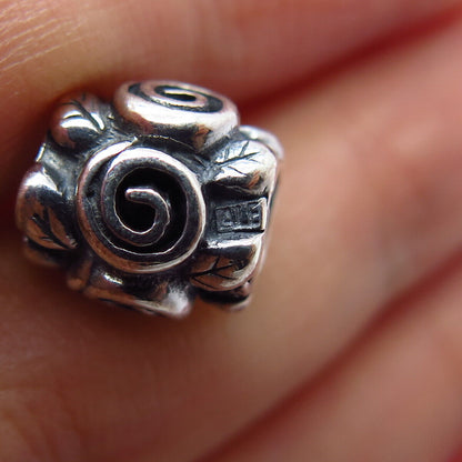 925 Sterling Silver Pandora Rose & Leaf Floral Bead Charm