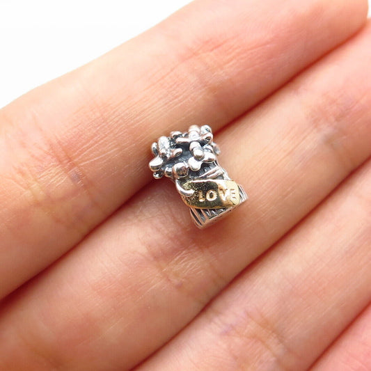 925 Sterling Silver / Gold Pandora ''Love'' Flower Pot Bead Charm