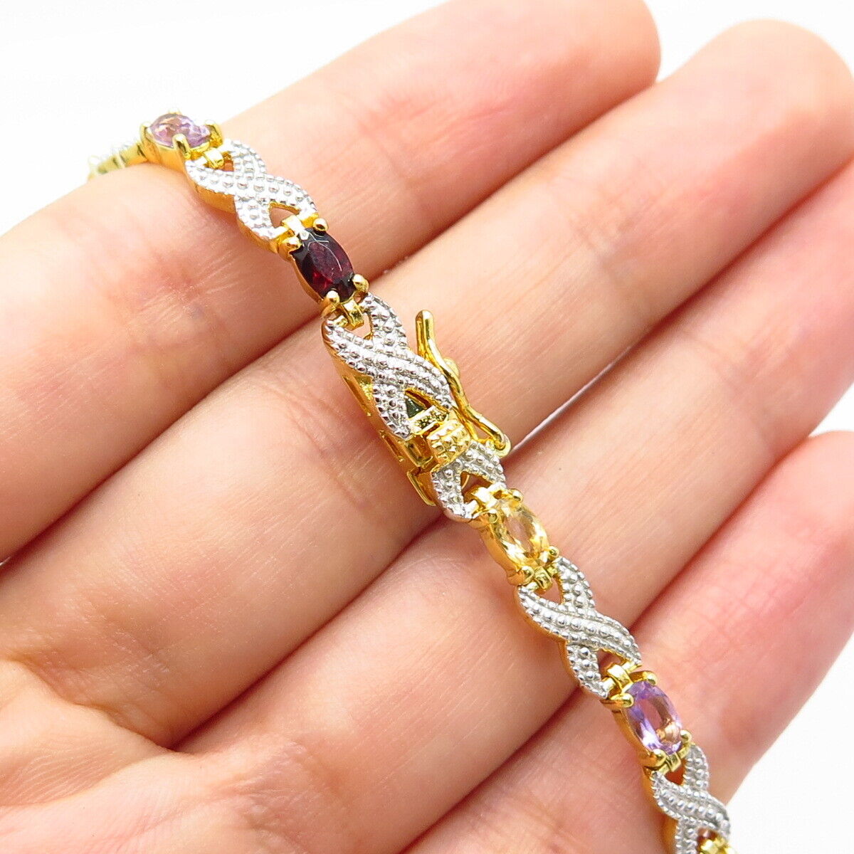 925 Sterling Silver Gold Plated Topaz Garnet Amethyst Citrine Gem Bracelet 7.5"