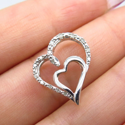 925 Sterling Silver Real White Diamond Open Double Heart Slide Pendant