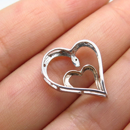 925 Sterling Silver Real White Diamond Open Double Heart Slide Pendant