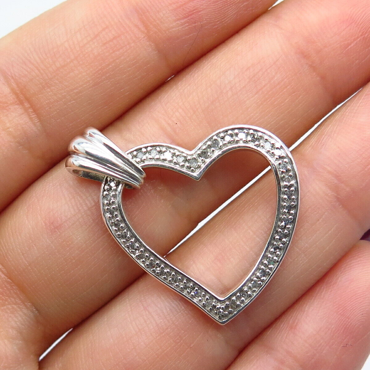 925 Sterling Silver Real White Diamond Open Heart Pendant