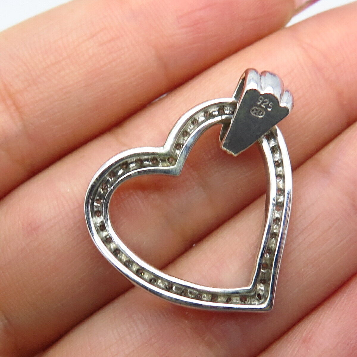 925 Sterling Silver Real White Diamond Open Heart Pendant