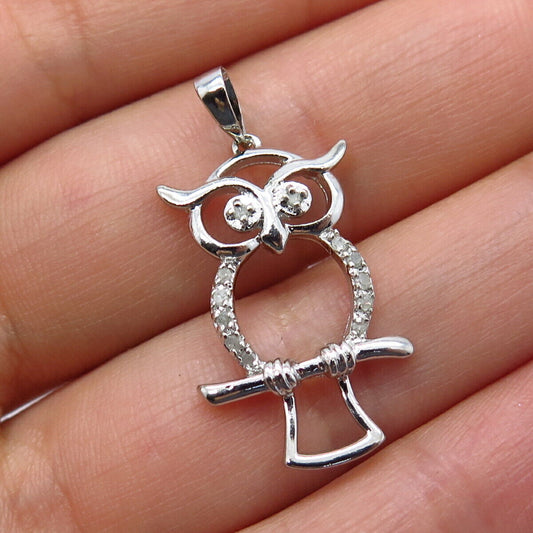 925 Sterling Silver Real White Diamond Wise Owl Charm Pendant