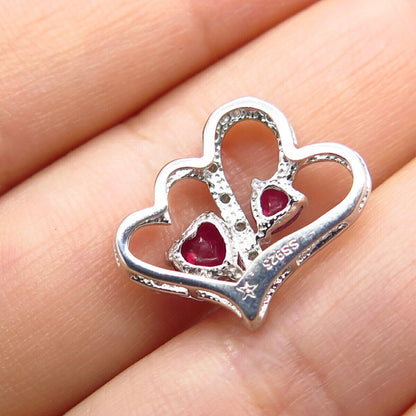 925 Sterling Silver Real White Diamond & Lab Created Ruby Double Heart Pendant