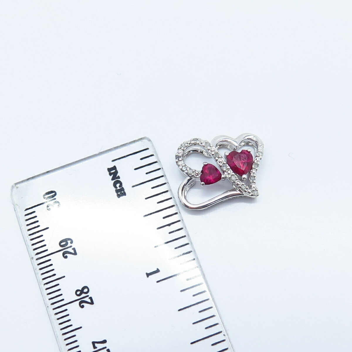 925 Sterling Silver Real White Diamond & Lab Created Ruby Double Heart Pendant