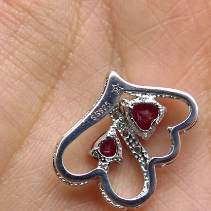 925 Sterling Silver Real White Diamond & Lab Created Ruby Double Heart Pendant