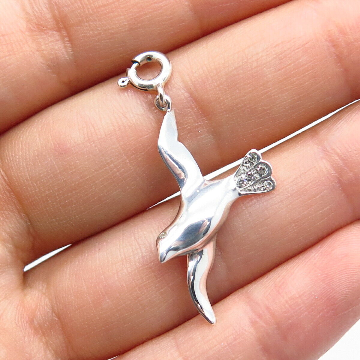 925 Sterling Silver Real White Diamond Flying Bird Charm Pendant