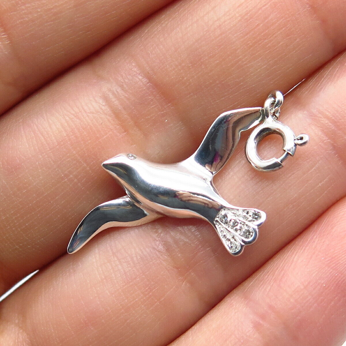 925 Sterling Silver Real White Diamond Flying Bird Charm Pendant