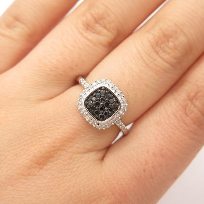 925 Sterling Silver SUN Real Black & White Diamond Square Ring Size 7