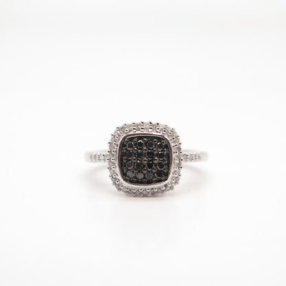 925 Sterling Silver SUN Real Black & White Diamond Square Ring Size 7