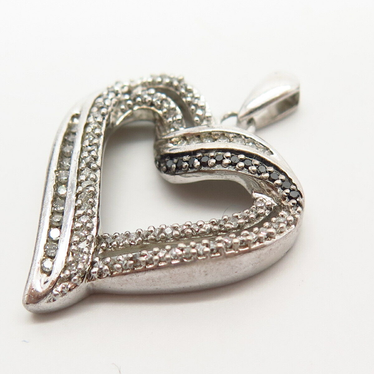 925 Sterling Silver Pave Real White & Black Diamond Heart Design Pendant