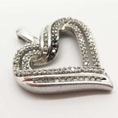 925 Sterling Silver Pave Real White & Black Diamond Heart Design Pendant