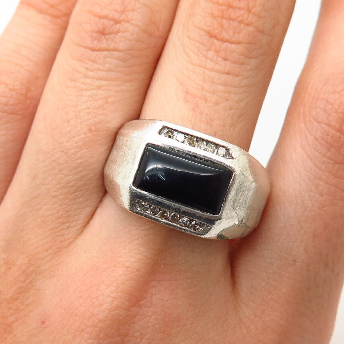 925 Sterling Silver Real Diamond & Black Onyx Gemstone Signet Ring Size 9 1/4