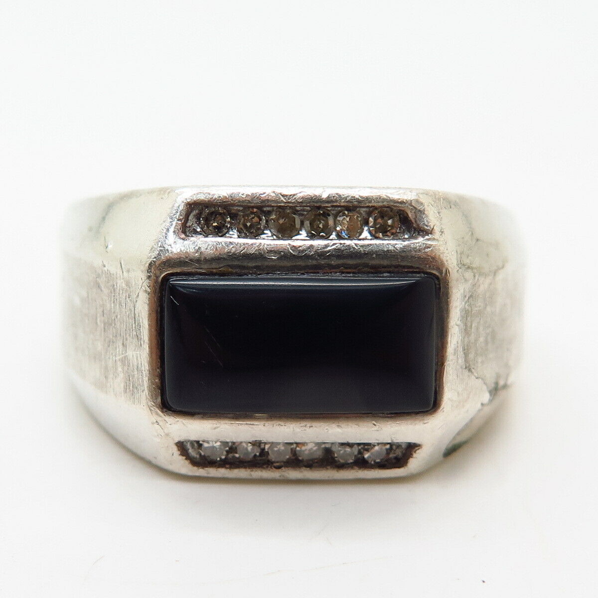 925 Sterling Silver Real Diamond & Black Onyx Gemstone Signet Ring Size 9 1/4