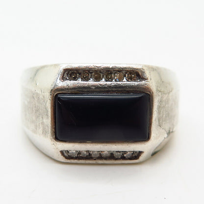 925 Sterling Silver Real Diamond & Black Onyx Gemstone Signet Ring Size 9 1/4