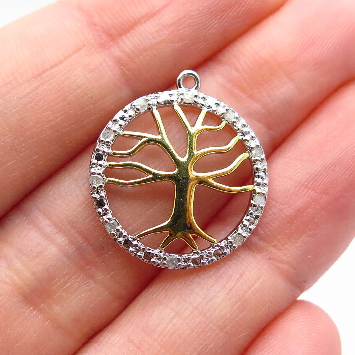 925 Sterling Silver Gold Plated Real White Diamond Tree of Life Pendant