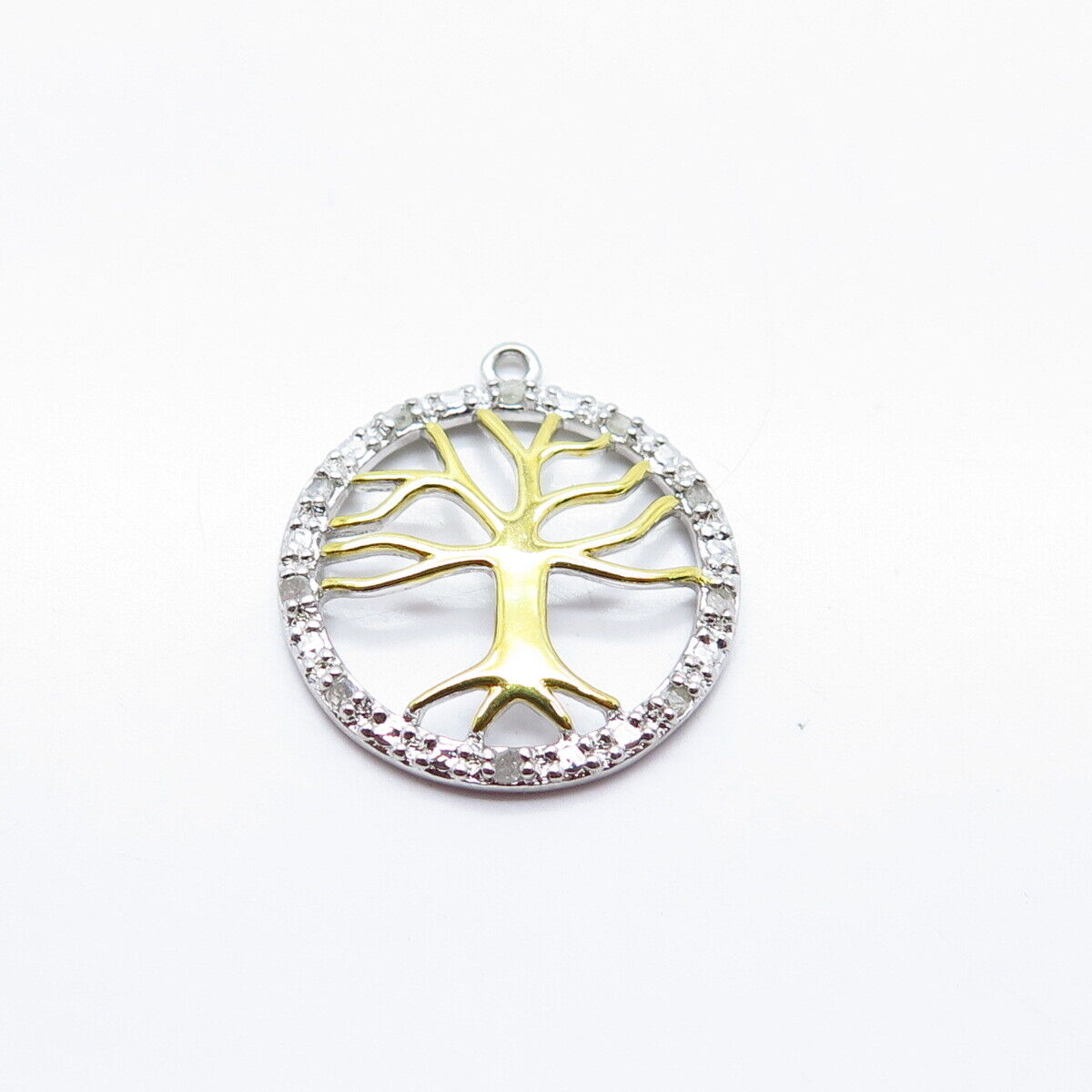 925 Sterling Silver Gold Plated Real White Diamond Tree of Life Pendant