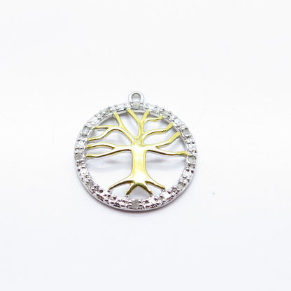 925 Sterling Silver Gold Plated Real White Diamond Tree of Life Pendant