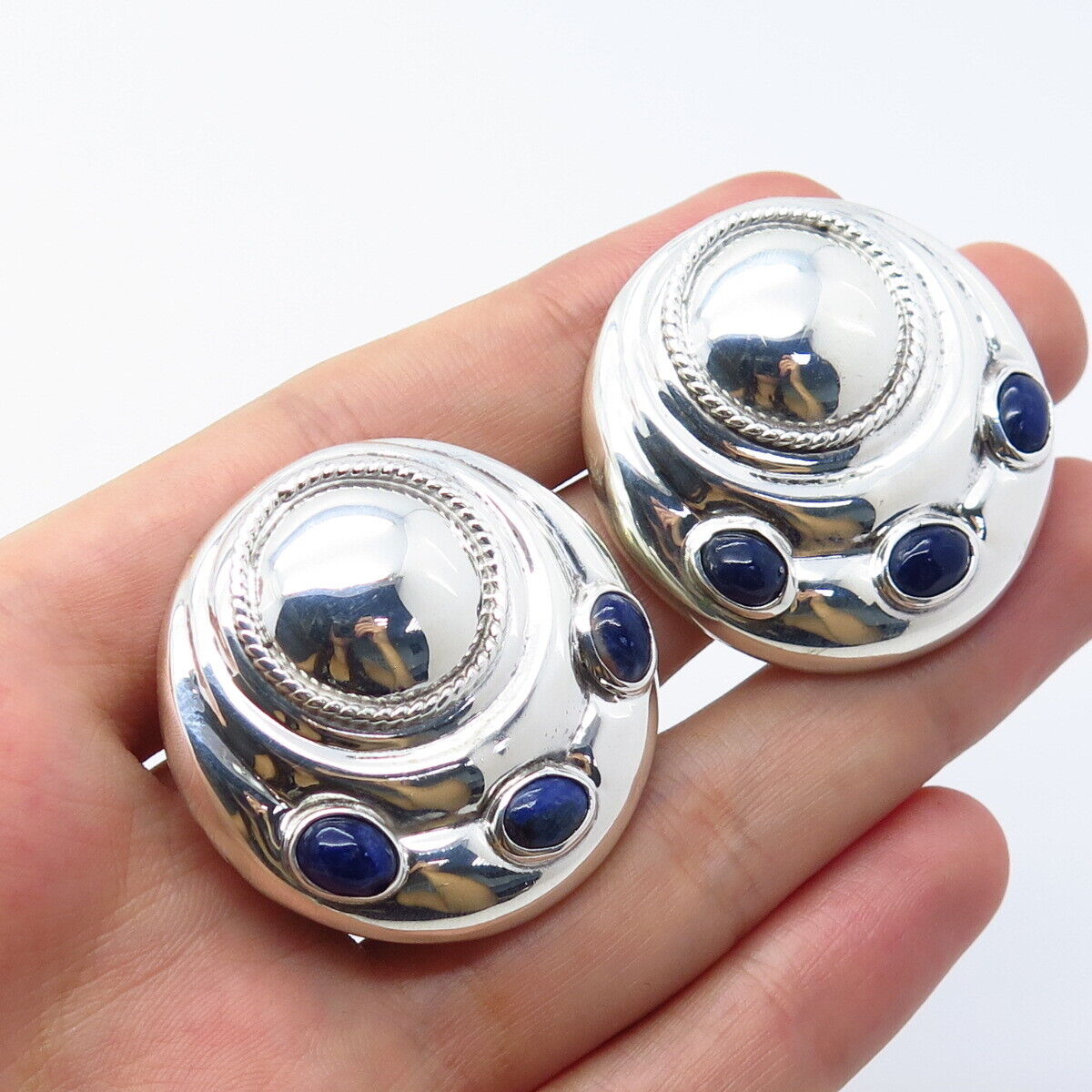 925 Sterling Silver Vintage Mexico Real Sodalite Gem Round Clip-On Earrings