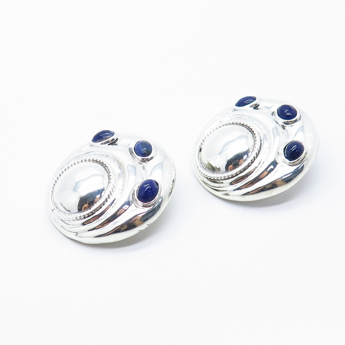 925 Sterling Silver Vintage Mexico Real Sodalite Gem Round Clip-On Earrings